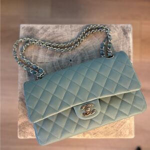 CHANEL Quilted Double Flap Shoulder Bag in Sage Green with Gold Hardware